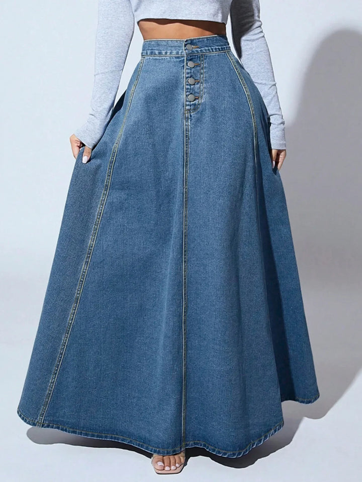 Women's High-Waist A-Line Maxi Skirt with Button Front - Dark Blue