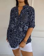 Women's Floral Print Blouse with Roll-Up Sleeves and V-Neck - 4