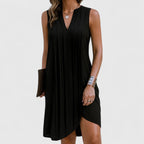 Women's Sleeveless Dress with V-Neck and Pleated Detail