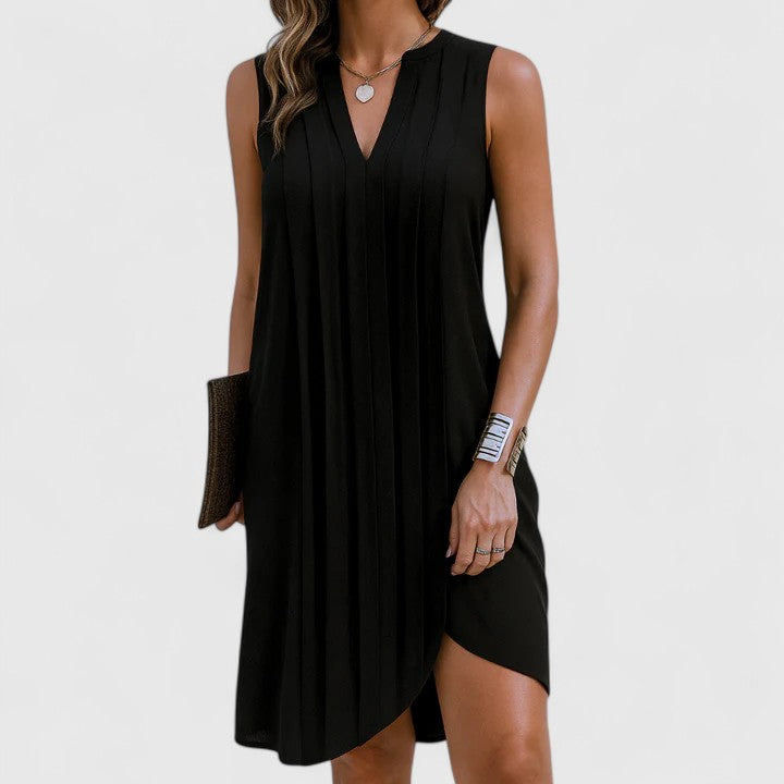 Women's Sleeveless Dress with V-Neck and Pleated Detail