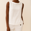 Women's Sleeveless Top with Roll Neckline and Relaxed Fit - White