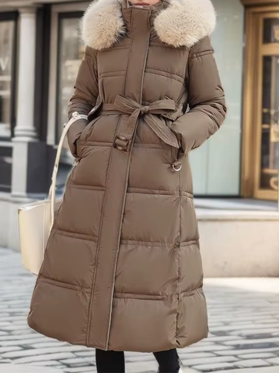 Women's Long Padded Coat with Faux Fur Trim Hood - Espresso / Khaki Fur