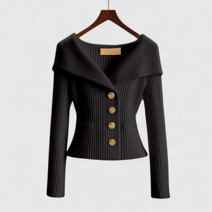 Women's Cardigan with Wide Collar and Button Front - Black