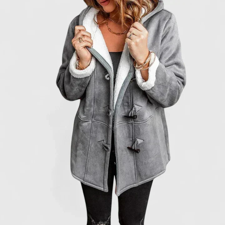Women's Hooded Duffle Coat with Toggle Fastening - Grey