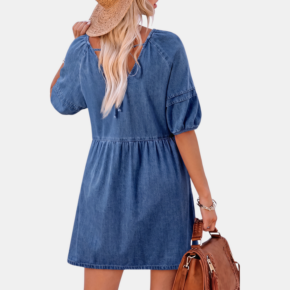 Women's Puff Sleeve Empire Waist V-Neck Mini Dress - 11