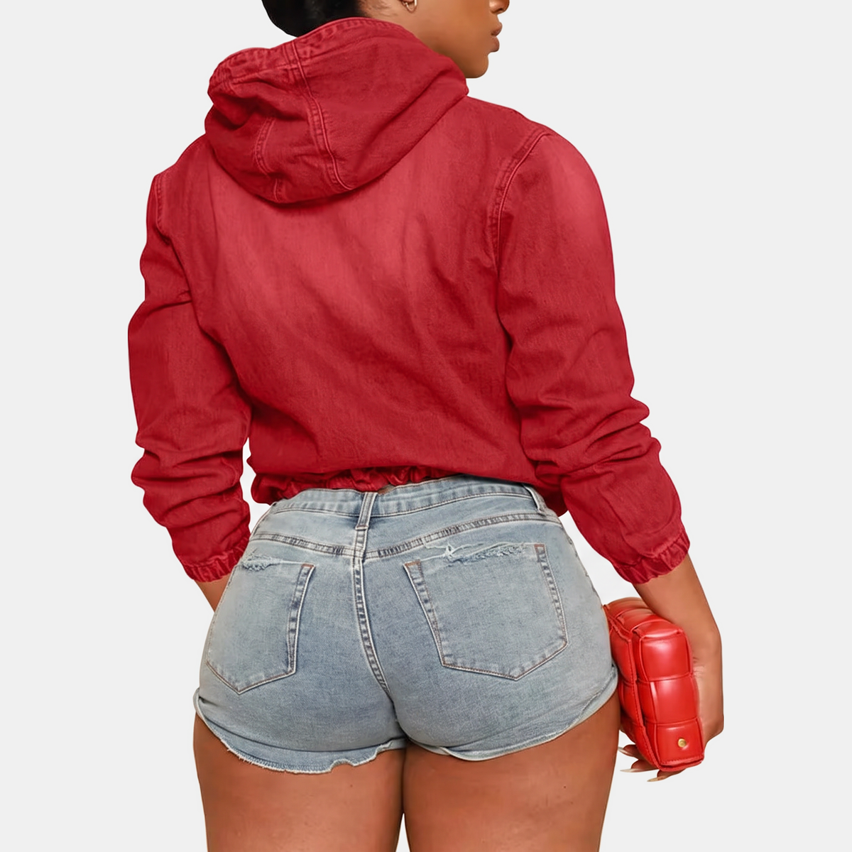 Women's Cropped Zip Up Hoodie Denim Sweatshirt - 9