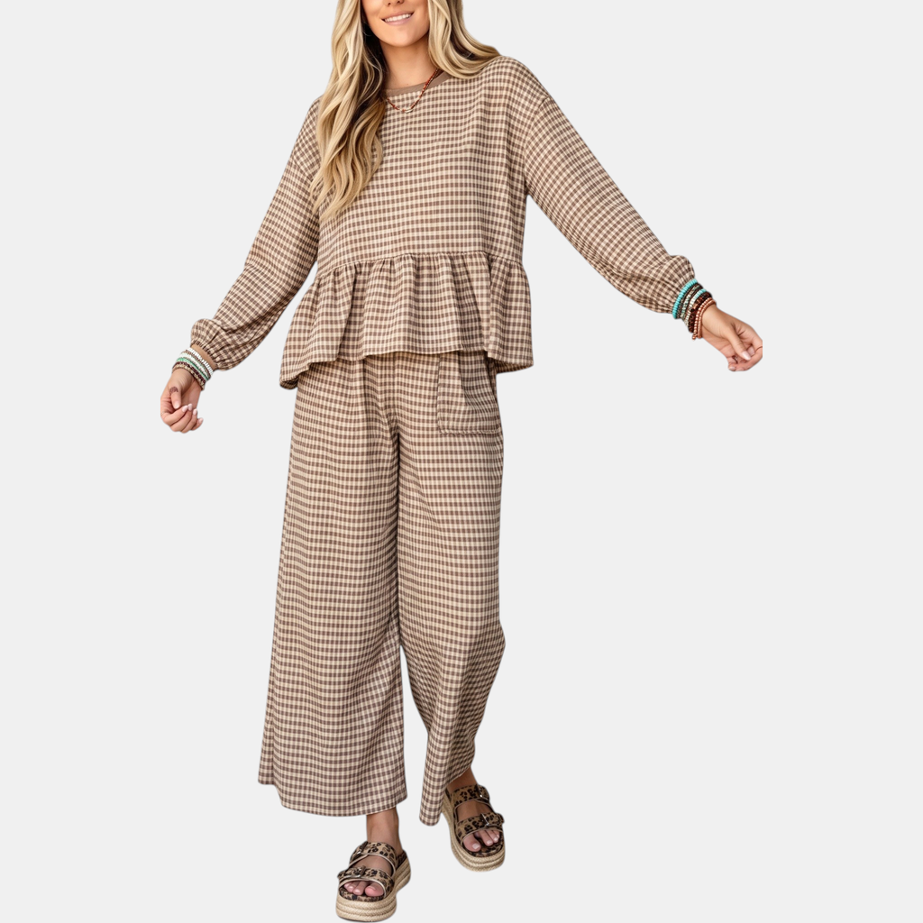 Women's Ruffle Hem Lounge Set Wide Leg Cropped Trousers - 10