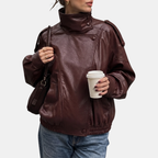 Women's Pebbled Faux Leather Bomber Jacket Oversized Stand Collar - 9