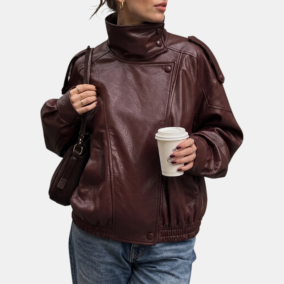 Women's Pebbled Faux Leather Bomber Jacket Oversized Stand Collar - 9