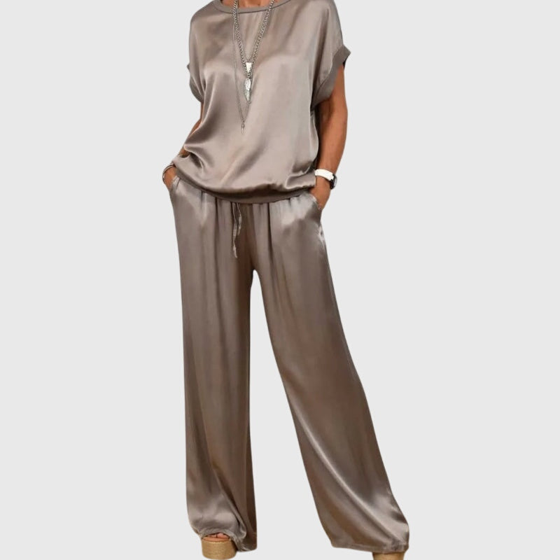 Women's Two-Piece Set Loose Top with Wide-Leg Trousers - Grey