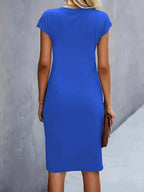 Women's Midi Dress with Round Neck and Ruched Waist - 7