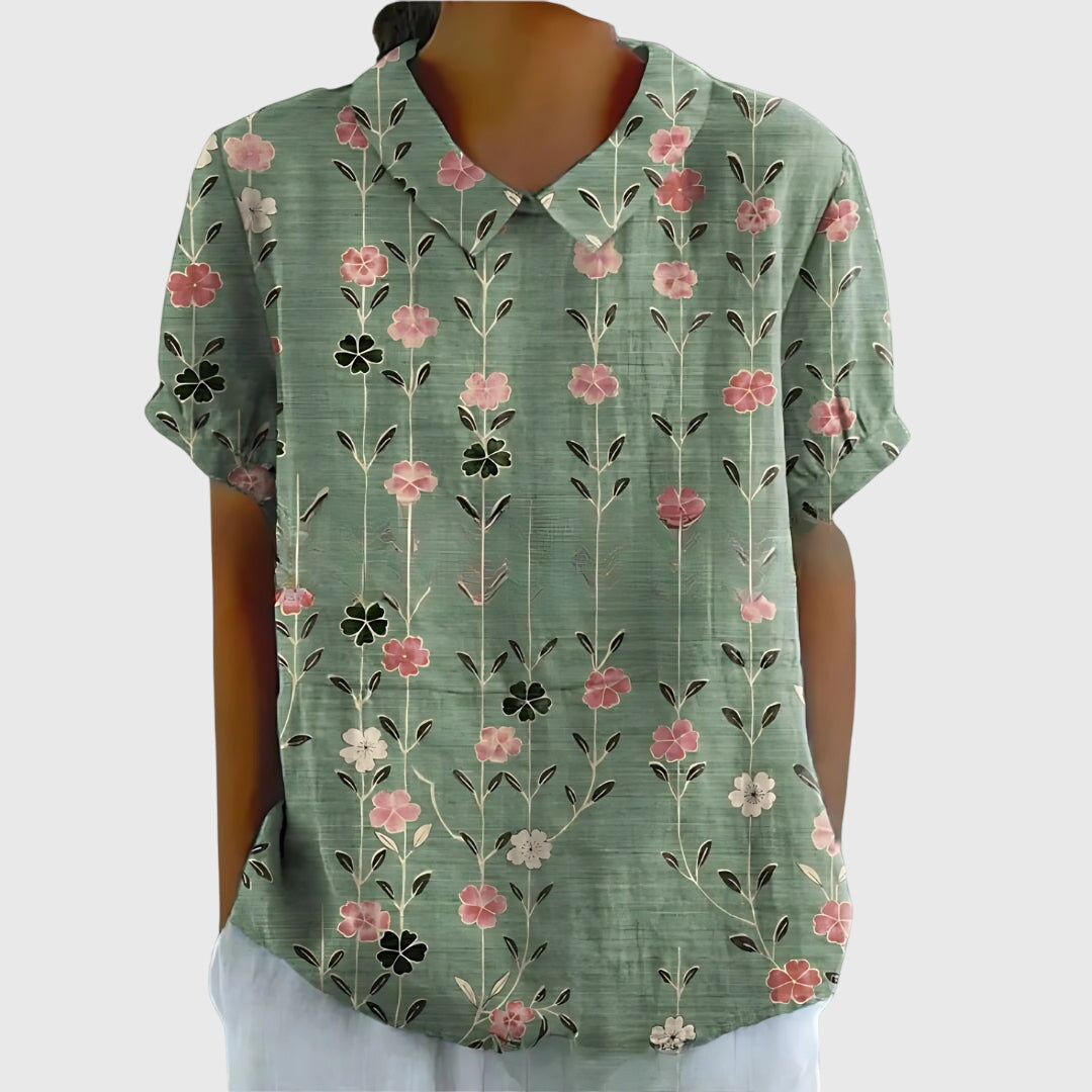 Women's Floral Blouse Short Sleeve with V-Neck and Relaxed Fit - Green Floral Print