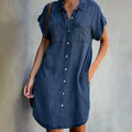 Women's Shirt Dress Short Sleeve Button-Up with Chest Pockets - Dark Blue