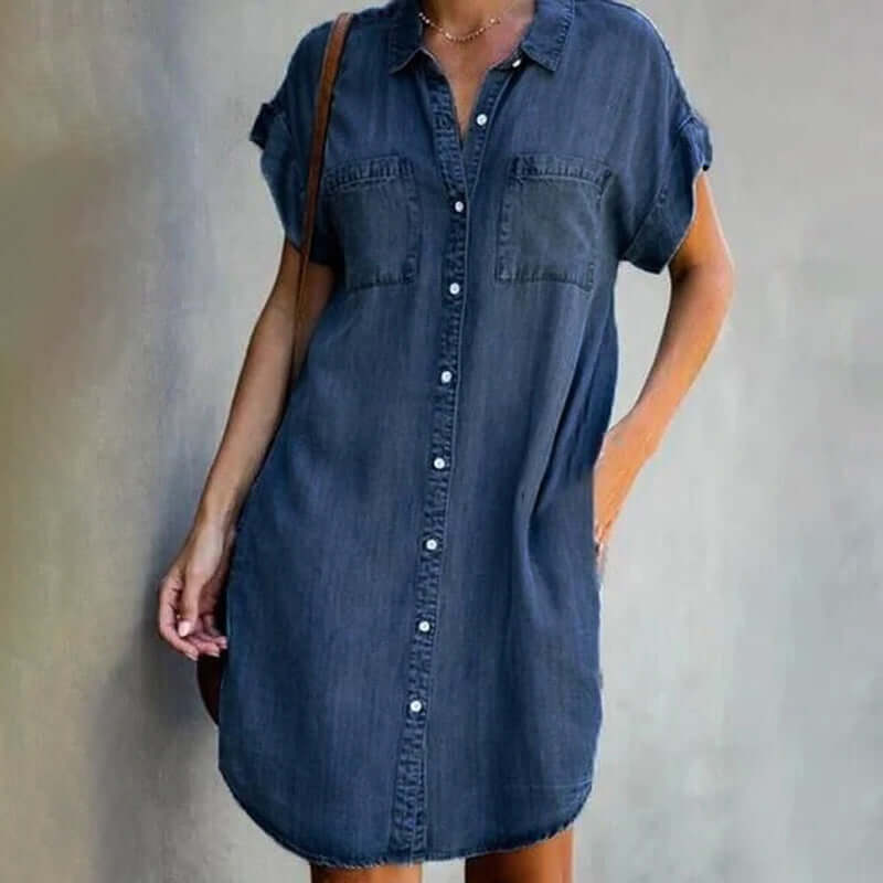 Women's Shirt Dress Short Sleeve Button-Up with Chest Pockets - Dark Blue
