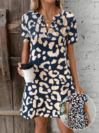 Women's Leopard Print Dress with Notch Neck and Short Sleeves - 2