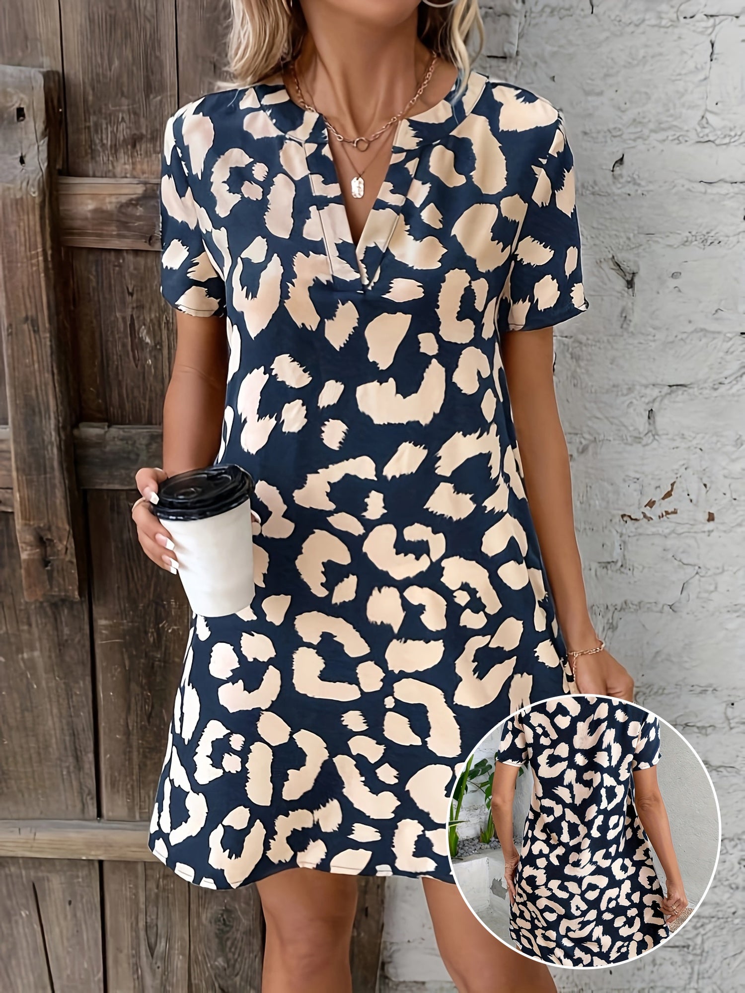 Women's Leopard Print Dress with Notch Neck and Short Sleeves - 2