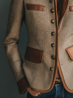 Women's Vintage-Style Jacket with Faux-Leather Trim Pockets and Boxy Silhouette - 5