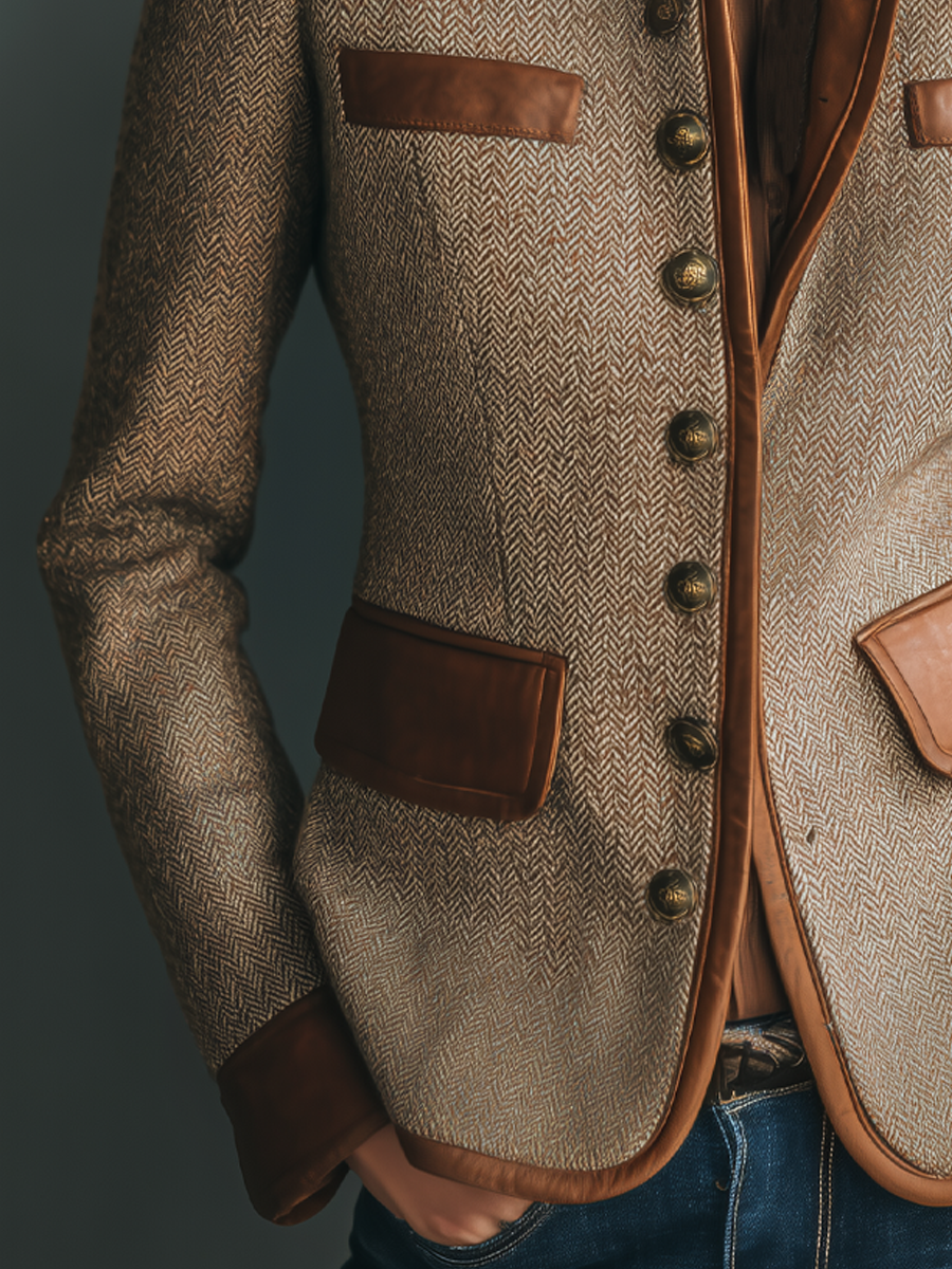 Women's Vintage-Style Jacket with Faux-Leather Trim Pockets and Boxy Silhouette - 5
