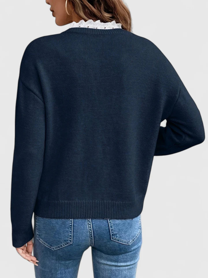 Women's Jumper with Lace Trim V-Neck and Long Sleeves - 2