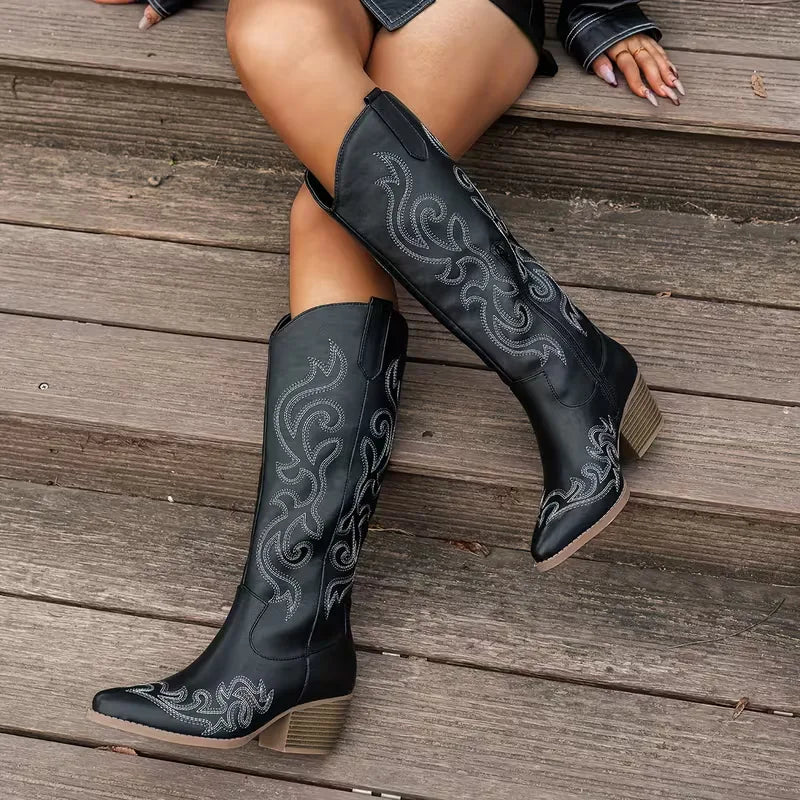 Women's Knee-High Embroidered Cowboy Boots with Pointed Toe - 7