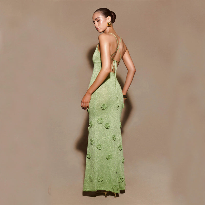 Women's Sequin Maxi Dress with Floral Appliques and Spaghetti Straps - 4