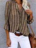 Women's Striped Blouse with V-Neck and Button Placket - Brown
