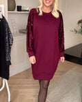 Women's Sequin Sleeve Sweatshirt Dress with Crew Neck - Red