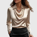 Women's Blouse with Draped Cowl Neckline and Long Sleeves - Gold