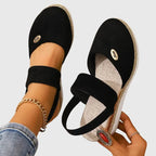 Women's Wedge Sandals with Adjustable Strap and Woven Platform - Black