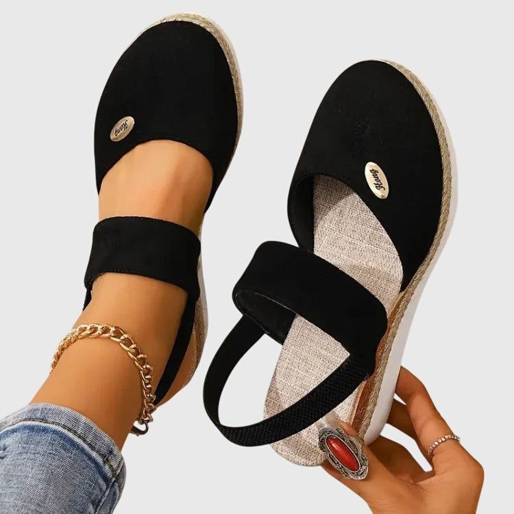 Women's Wedge Sandals with Adjustable Strap and Woven Platform - Black