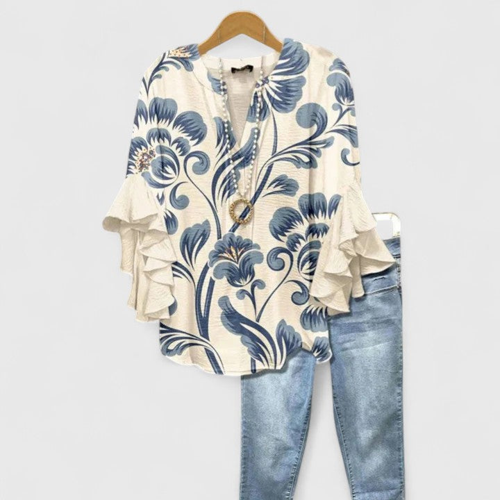 Women's Blouse with V-Neck, Floral Print and Ruffled Sleeves - White Blue