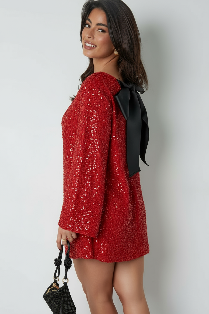 Women's Sequin Mini Dress with Satin Back Bow - Red