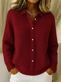 Women's Knitted Button Cardigan with Collar and Long Sleeves - Red