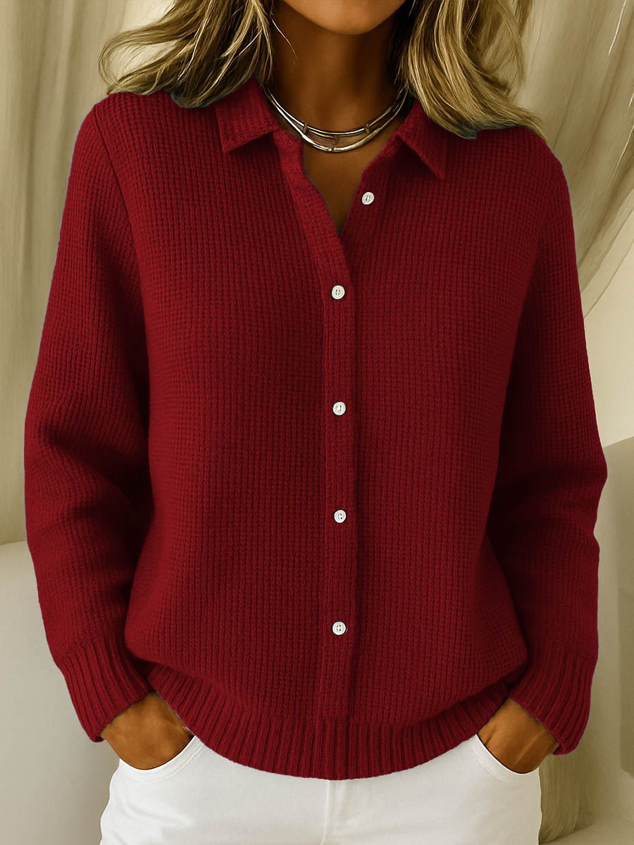 Women's Knitted Button Cardigan with Collar and Long Sleeves - Red