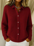 Women's Cardigan with Collar and Ribbed Cuffs - Dark Red