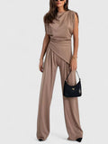 Women's Two-Piece Set Sleeveless Draped Top with Wide-Leg Trousers - Brown