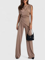 Women's Two-Piece Set Sleeveless Draped Top with Wide-Leg Trousers - Brown