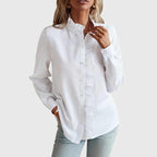 Women's Long Sleeve Blouse with Ruffle Trim and Button Front - White