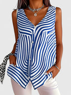Women's Sleeveless Blouse with V-Neck and Button Front - Blue