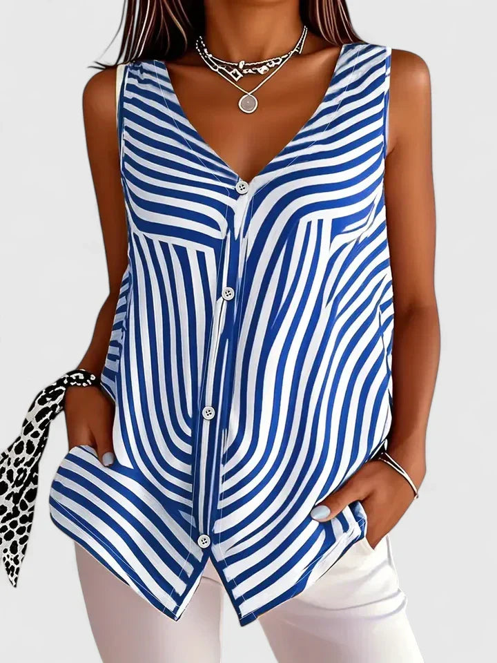 Women's Sleeveless Blouse with V-Neck and Button Front - Blue