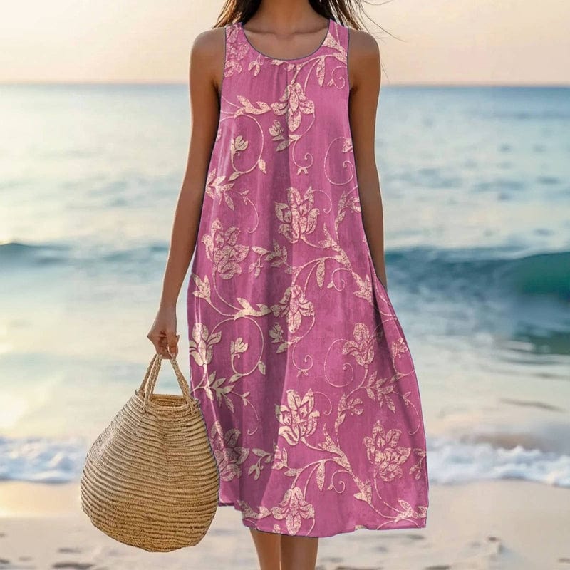 Women's Sleeveless Floral Midi Dress with Scoop Neck and Oversized Fit - Rose Red