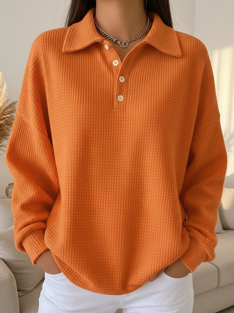 Women's Jumper with Collar and Button Placket - Orange