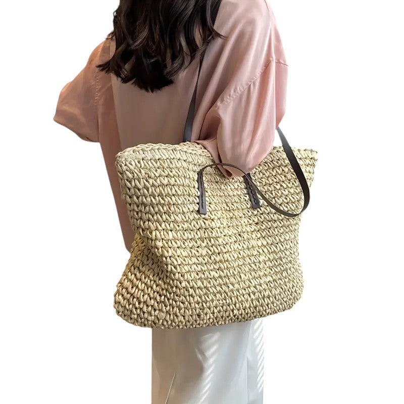 Women's Woven Tote Bag with Faux Leather Straps - 5