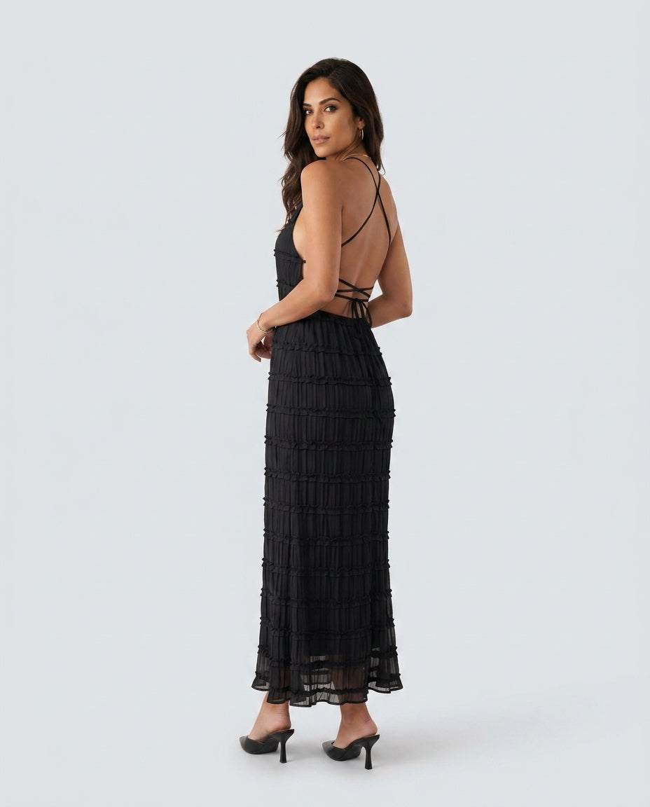 Women's Halter Maxi Dress with Pleated Detail and A-Line Silhouette - 7
