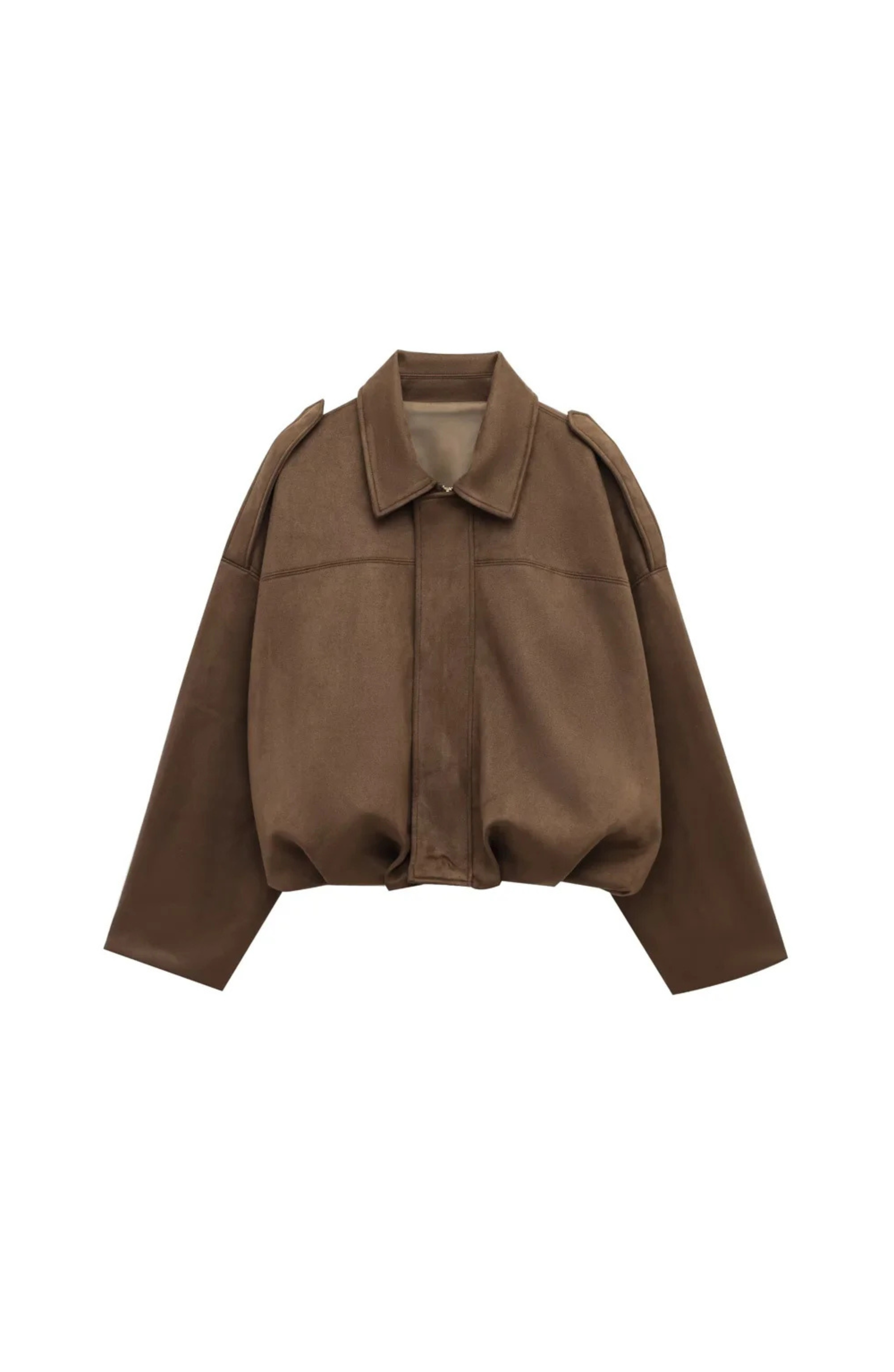 Women's Cropped Bomber Jacket with Collared Neckline and Oversized Sleeves - Dark Brown