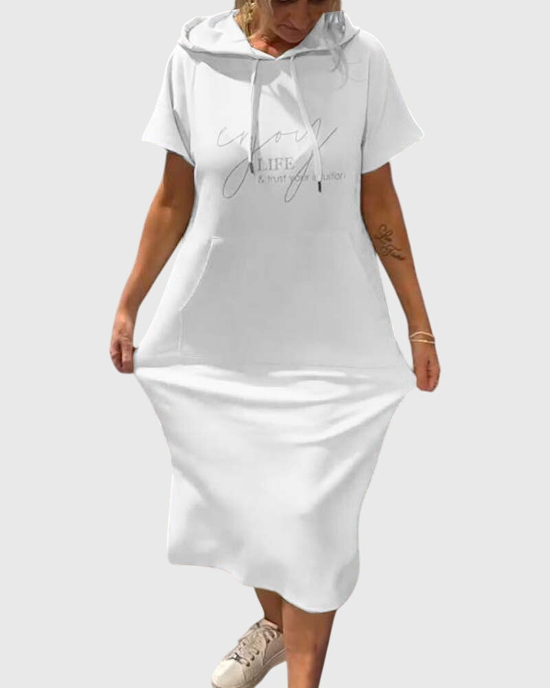 Women's Hooded Dress Short Sleeve with Kangaroo Pocket - White