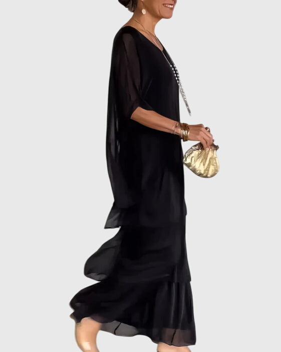 Women's Tiered Maxi Dress with Round Neck and Long Sleeves - 4