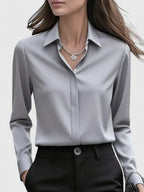 Women's Long Sleeve Shirt with Collar and Curved Hem - Grey