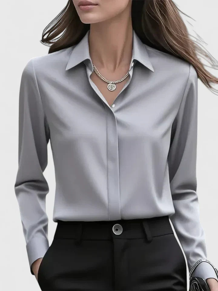 Women's Long Sleeve Shirt with Collar and Curved Hem - Grey