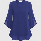 Women's Blouse V-Neck with Split Sleeves and Curved Hem - 6